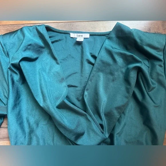 Bar III Long Sleeve Cowlneck Bodysuit Teal Green w/ Shoulder Pads | Large - Picture 3 of 9